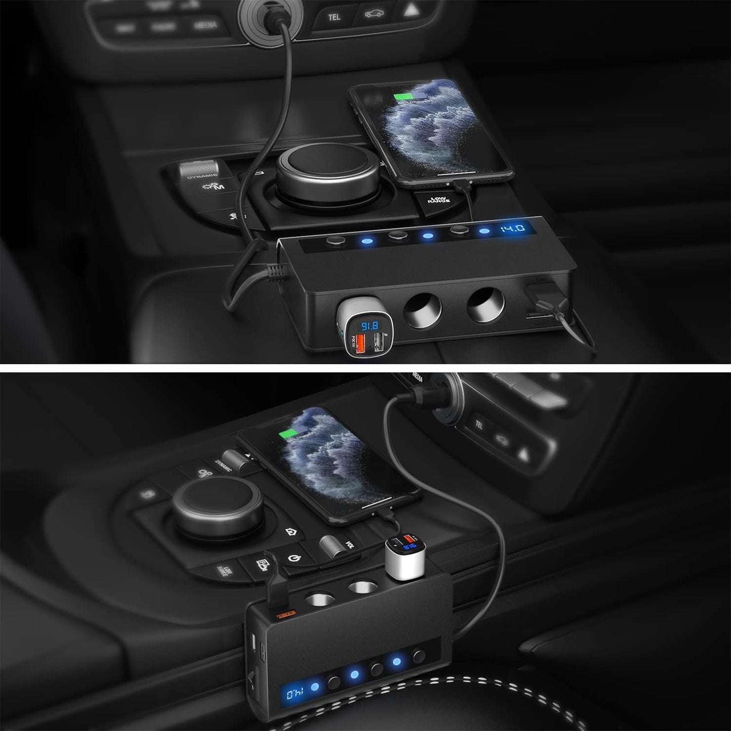 Cigarette Lighter Splitter, 180W QC 3.0 Cigarette Lighter USB Charger Adapter with 3 Sockets 12V/24V Max 6.6A 4-Port Quick Charge USB Outlet, Independent On/Off Switches and Voltage Display